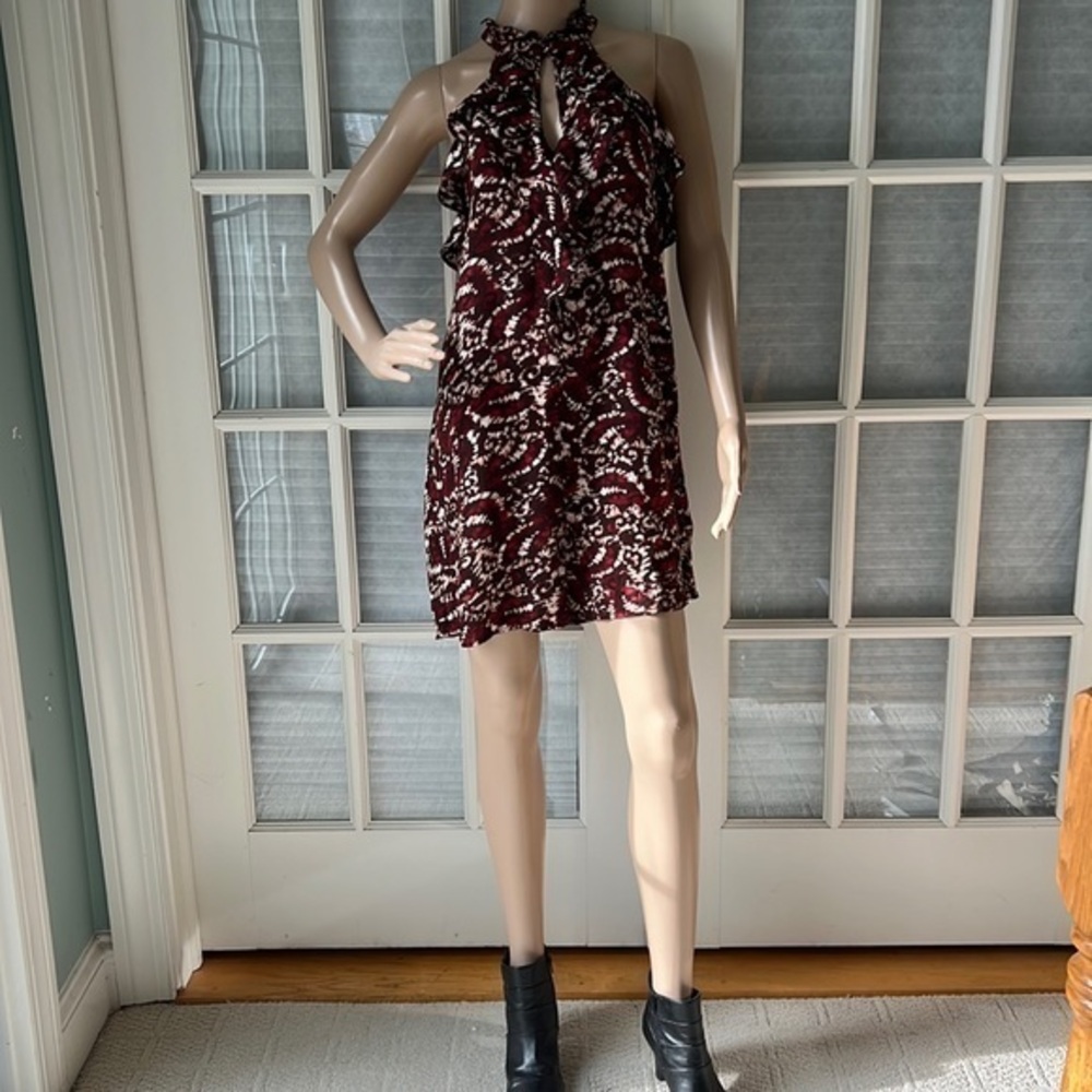 Green Dragon cute burgundy red printed ruffle sleeveless BoHo dress